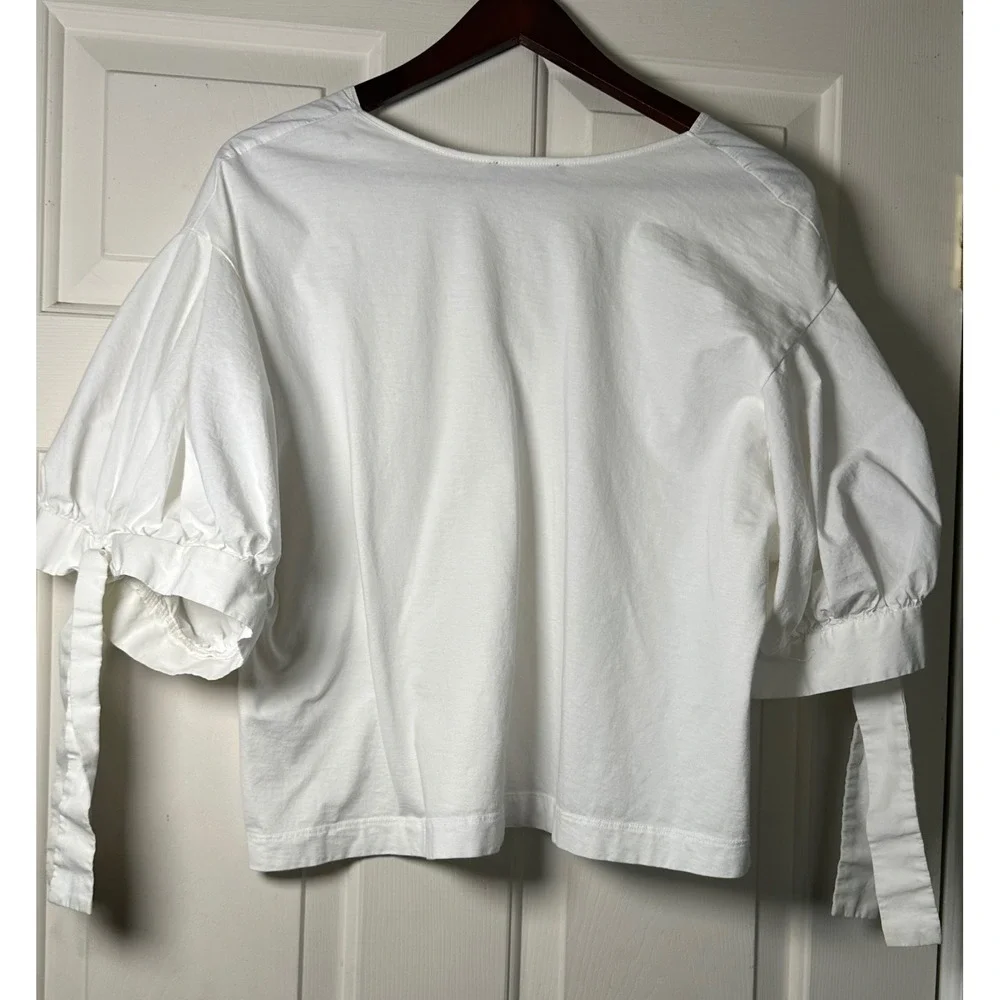 Zara Women's White M Poplin Top Balloon Sleeve‎ Tie Cuff Blouse